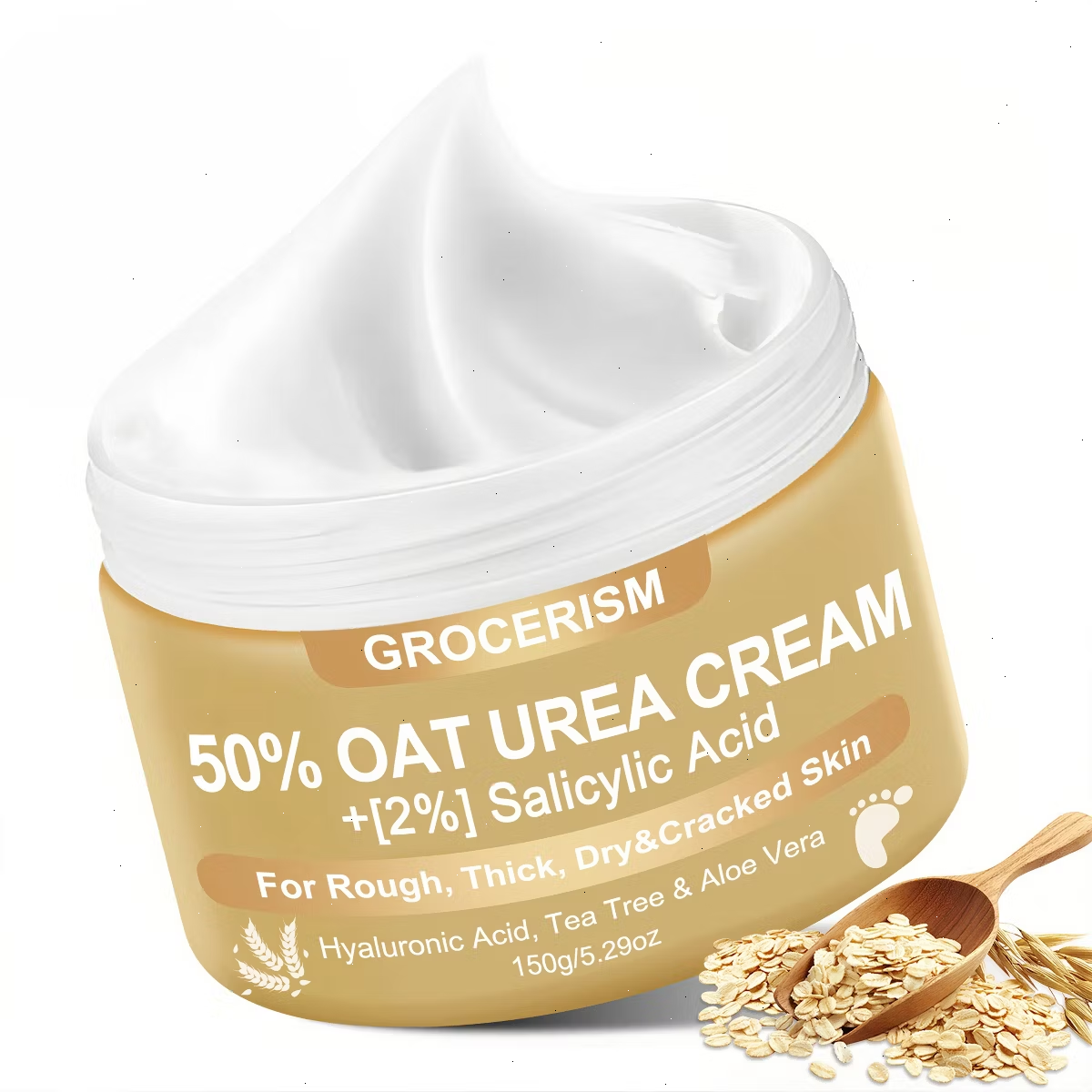 Grocerism 50% Oat Urea Cream+2% Salicylic Acid - Intensive Repair for Foot & Hand, Hydrates, Removes Calluses & Heals Cracked Heels - 5.29oz
