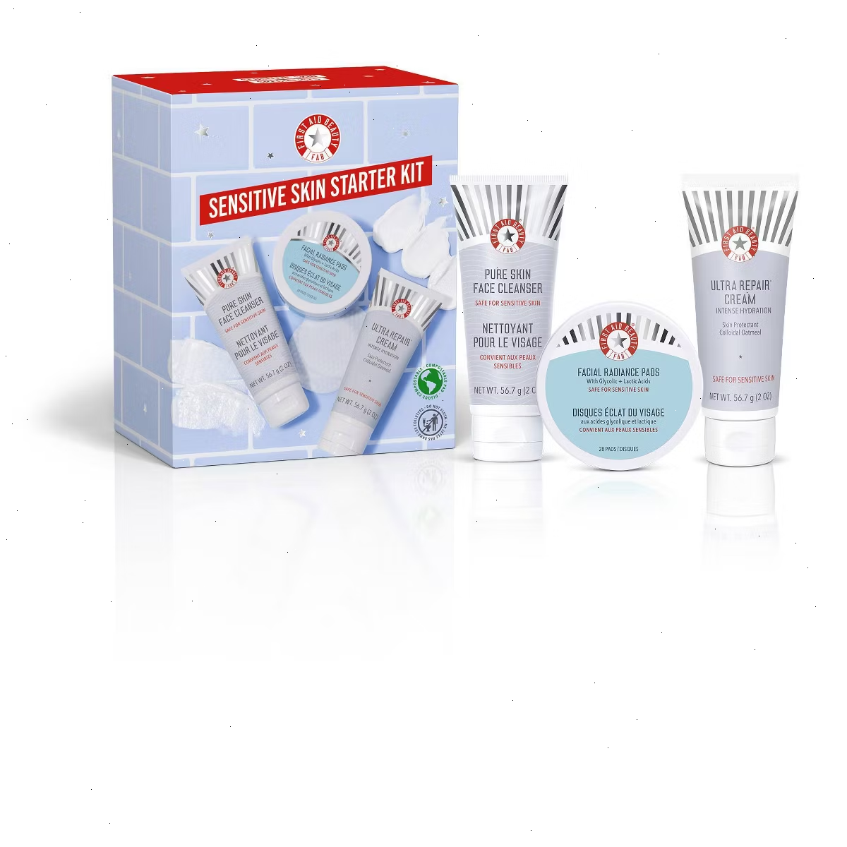 FIRST AID BEAUTY Women's Sensitive Skin Starter Kit: Cleanse, Exfoliate & Hydrate Essentials - 3pc Set, Face Skincare